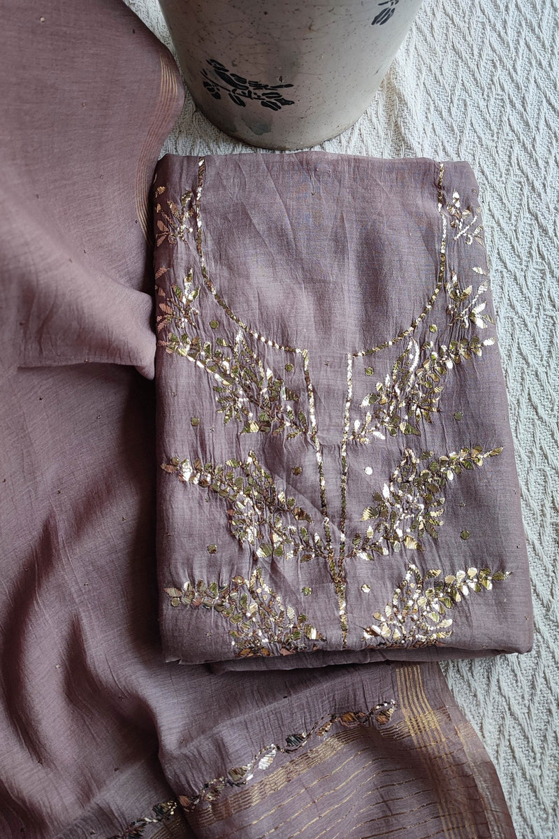 Beige Brown Mul Chanderi Kurta Dupatta Set with Luxury Mukaish Kamdani Work