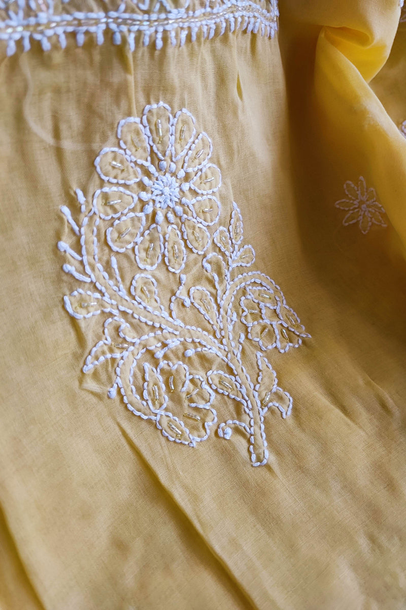 Pastel Yellow Muslin A-Line Kurta Fabric with Lucknowi Embroidery