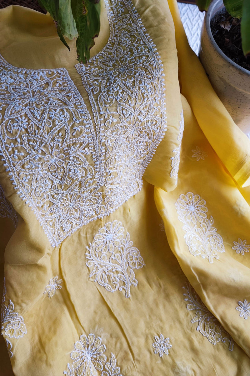 Pastel Yellow Muslin A-Line Kurta Fabric with Lucknowi Embroidery