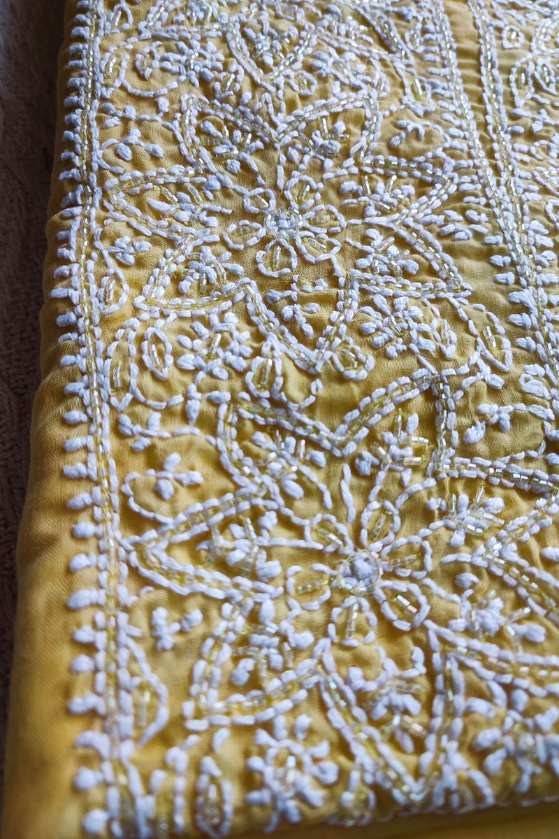 Pastel Yellow Muslin A-Line Kurta Fabric with Lucknowi Embroidery