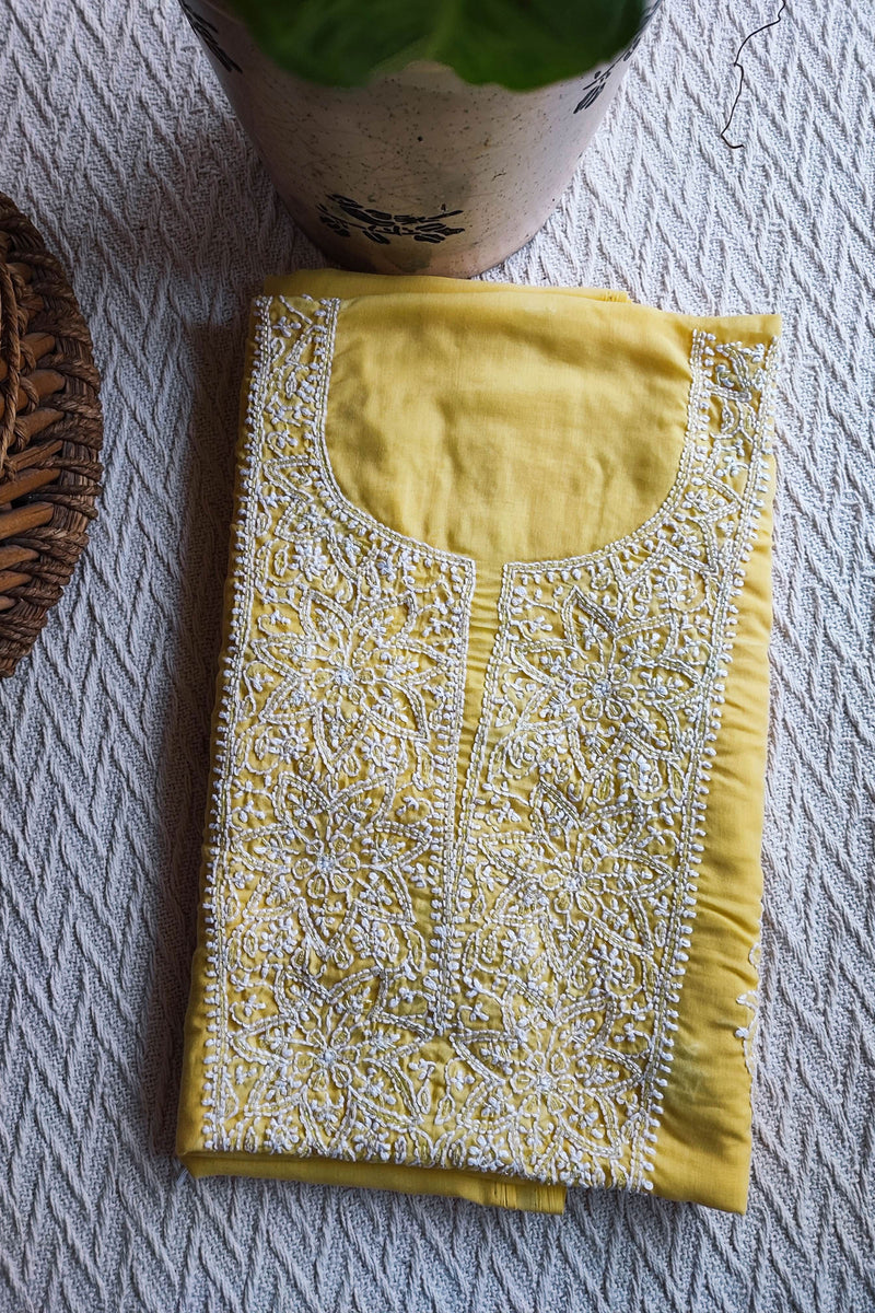 Pastel Yellow Muslin A-Line Kurta Fabric with Lucknowi Embroidery