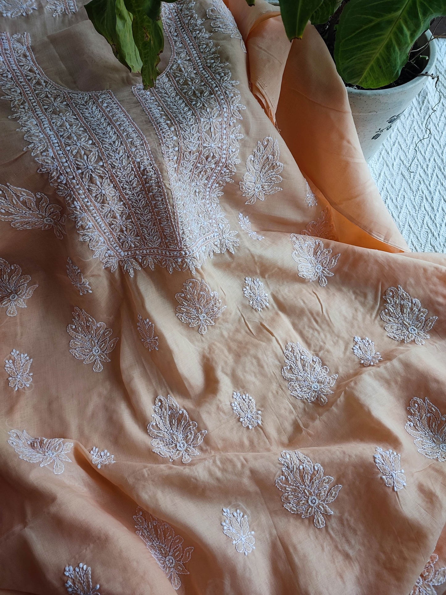 Peach Muslin A-Line Kurta Fabric with Lucknowi Embroidery