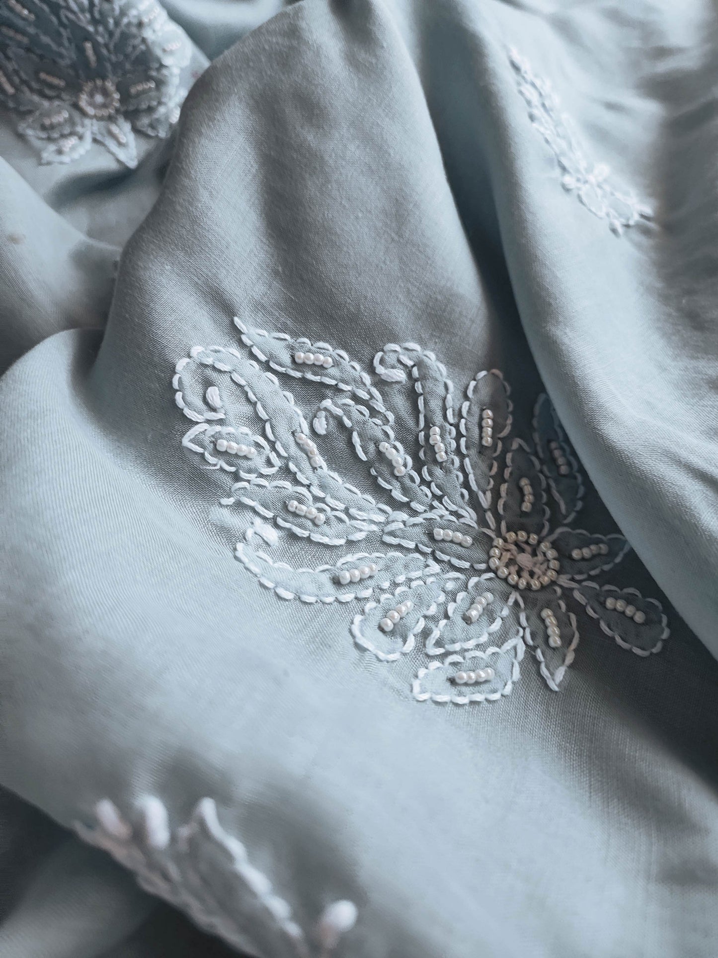 Powder Blue Muslin A-Line Kurta Fabric with Lucknowi Embroidery