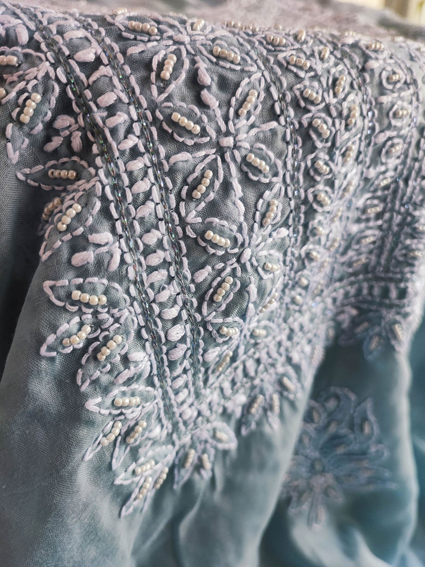 Powder Blue Muslin A-Line Kurta Fabric with Lucknowi Embroidery
