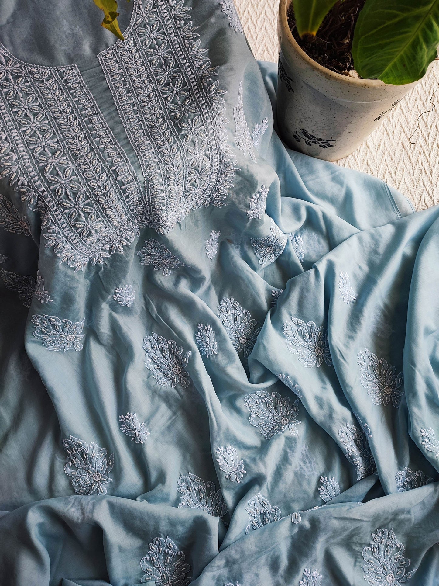 Powder Blue Muslin A-Line Kurta Fabric with Lucknowi Embroidery