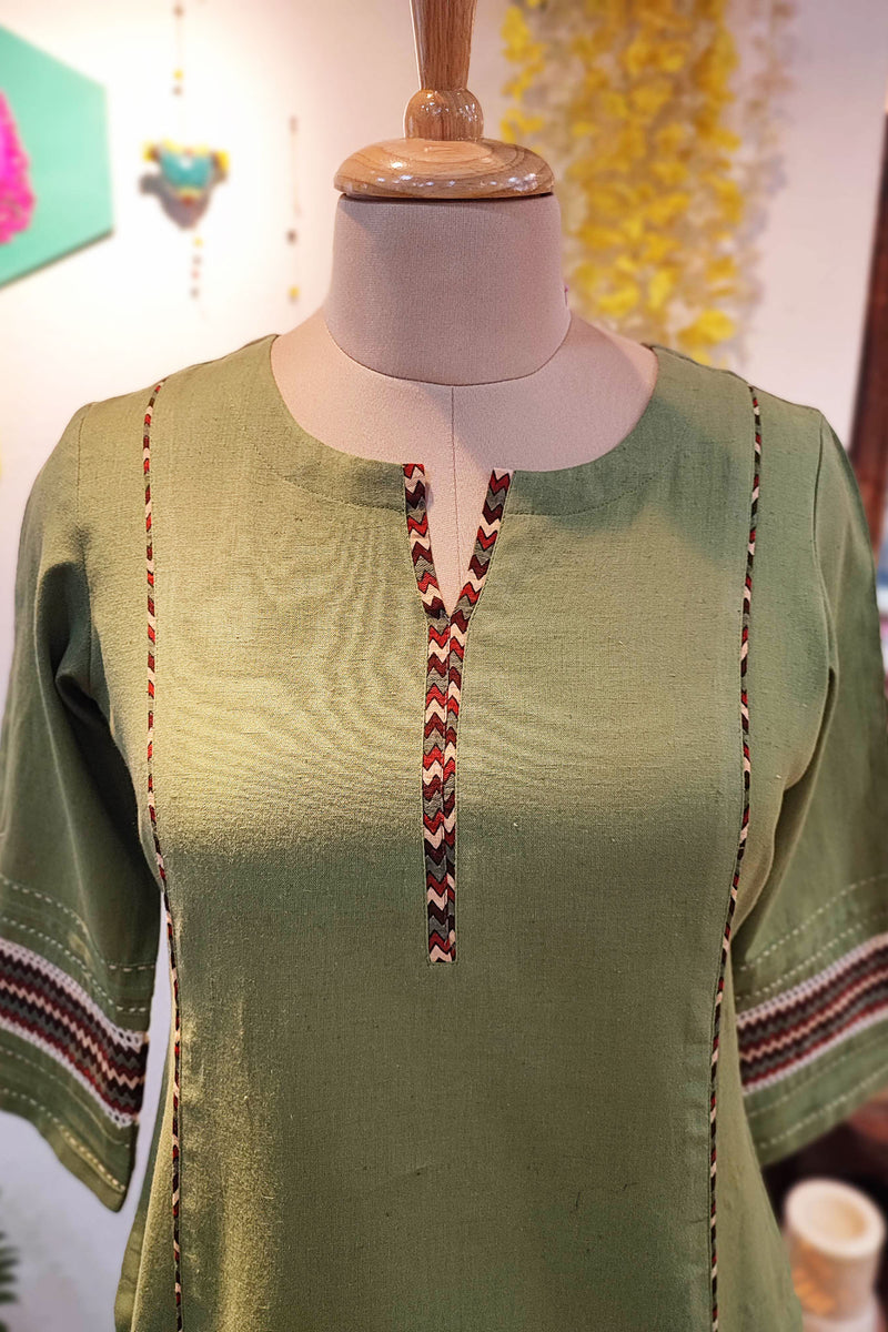 Green Handloom Cotton Kurta with Multicolor Pant Set