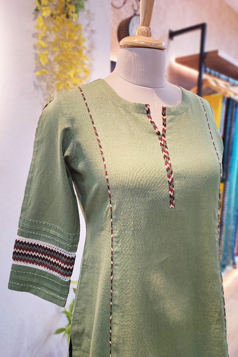 Green Handloom Cotton Kurta with Multicolor Pant Set