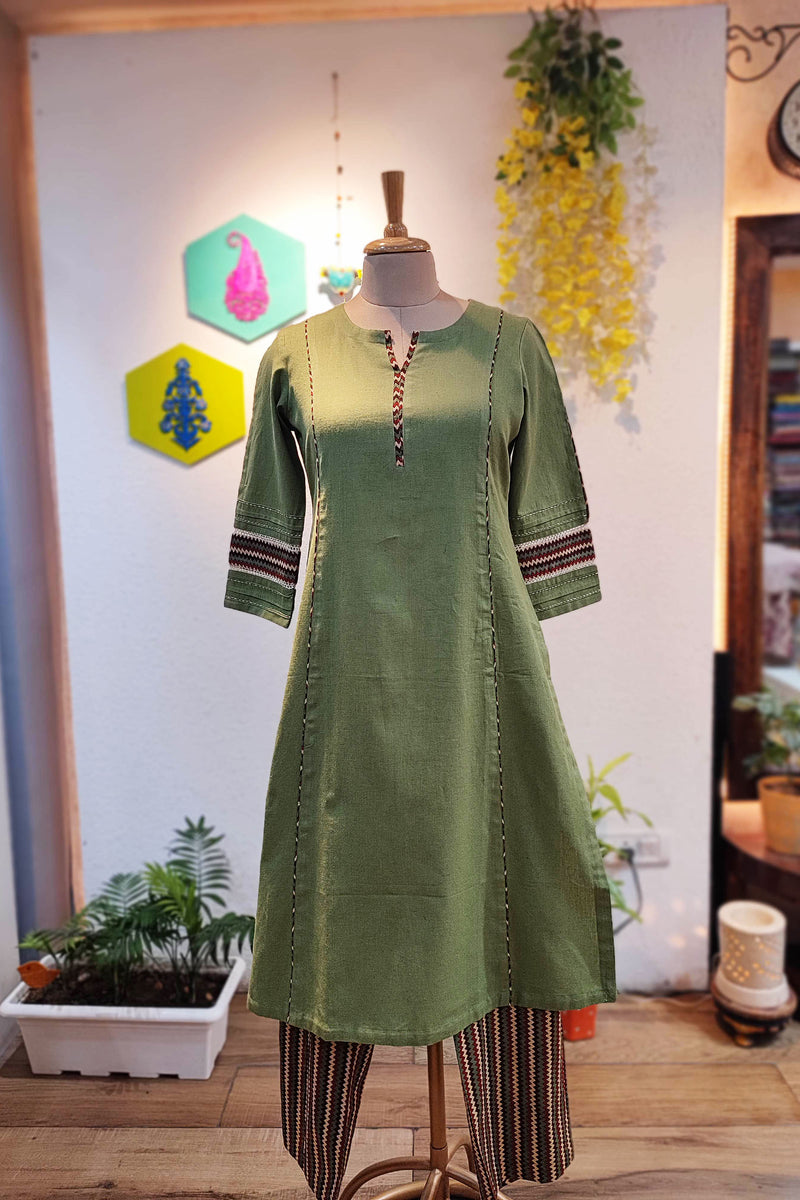Green Handloom Cotton Kurta with Multicolor Pant Set