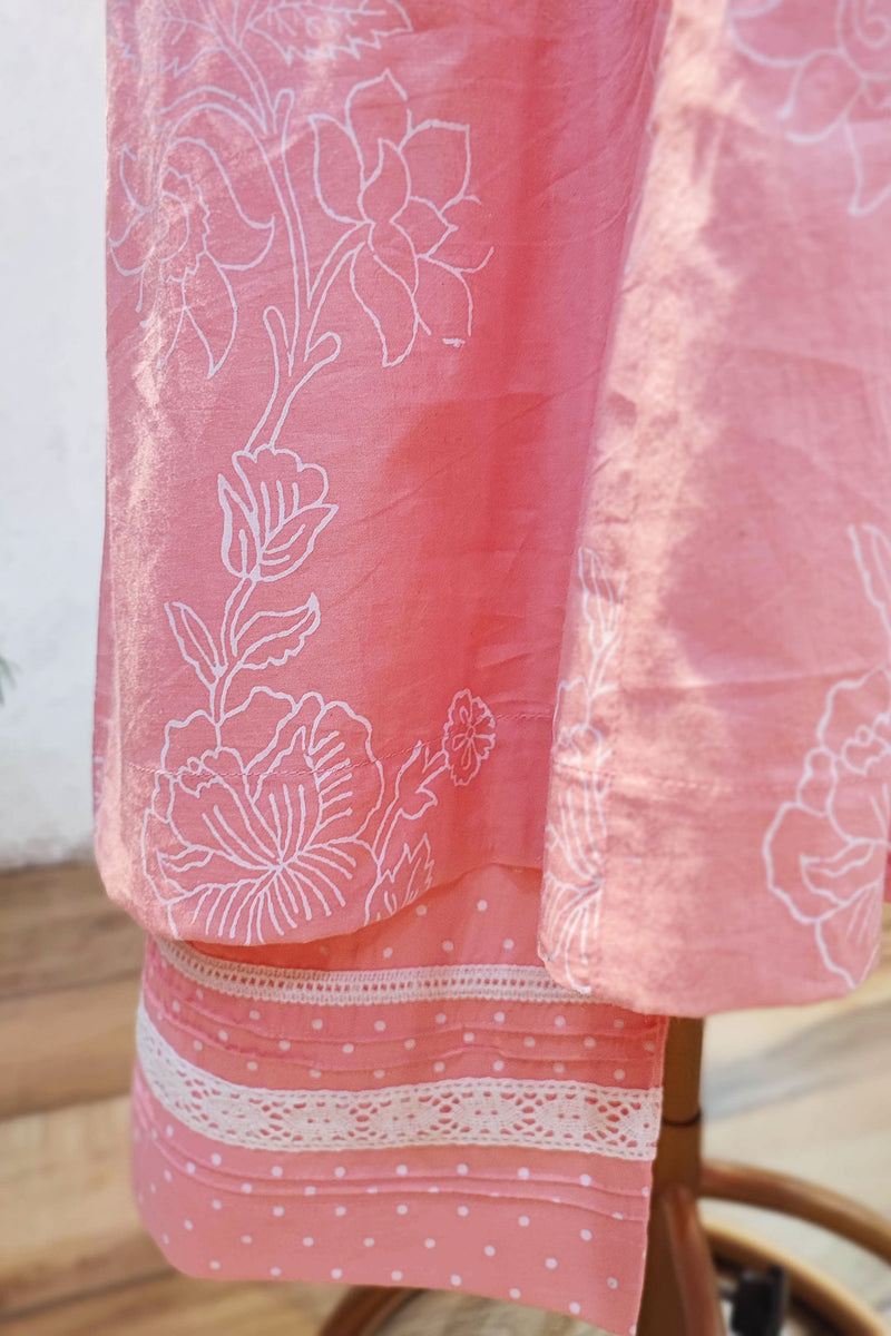 Peach Pink Fine Cotton Kurta Pant Set with A-Line Kurta