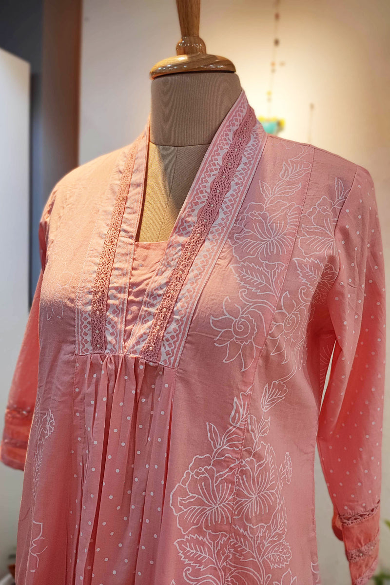 Peach Pink Fine Cotton Kurta Pant Set with A-Line Kurta