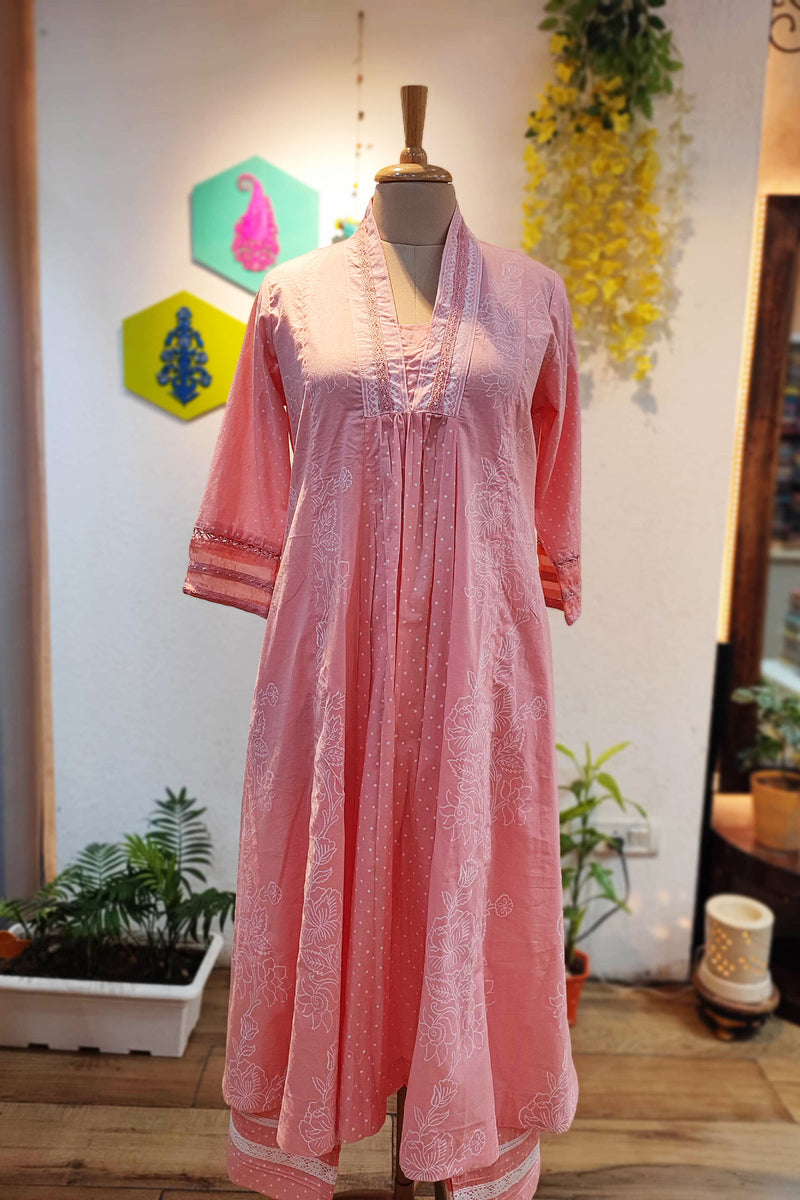Peach Pink Fine Cotton Kurta Pant Set with A-Line Kurta