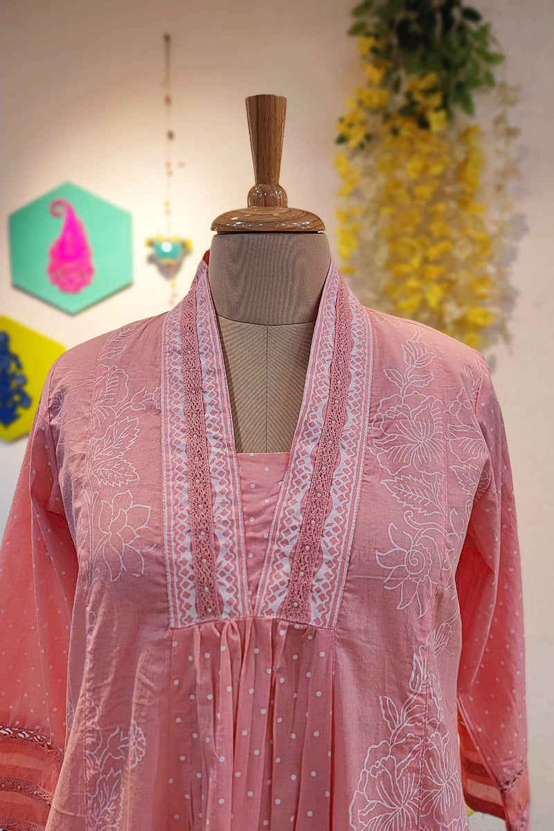 Peach Pink Fine Cotton Kurta Pant Set with A-Line Kurta