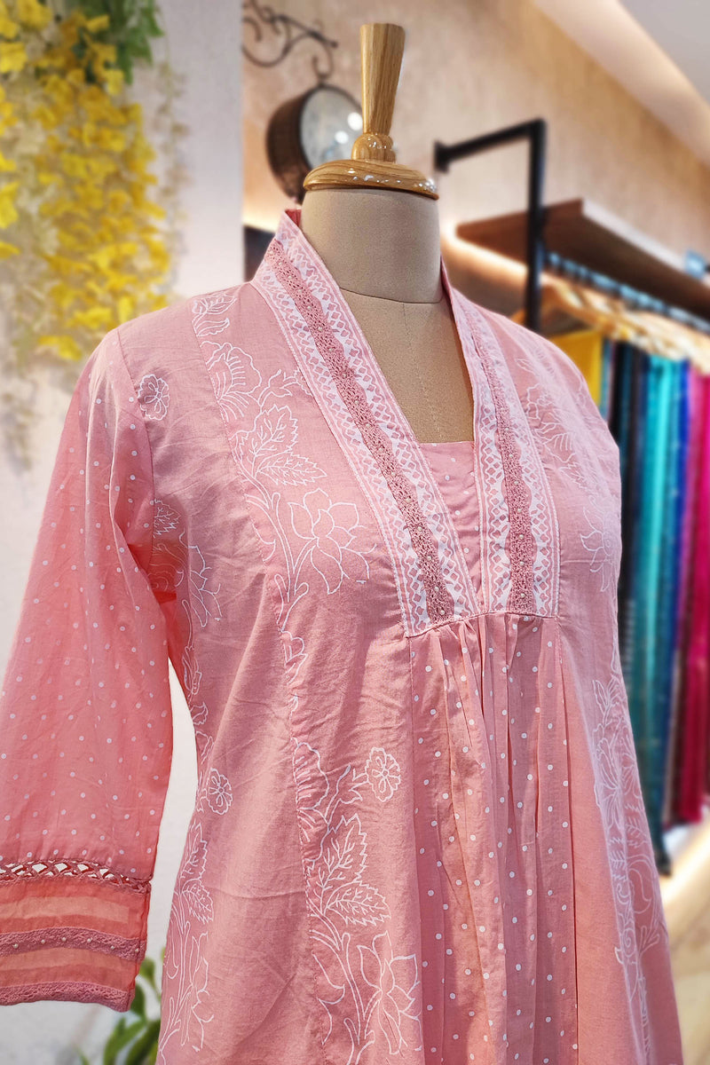 Peach Pink Fine Cotton Kurta Pant Set with A-Line Kurta