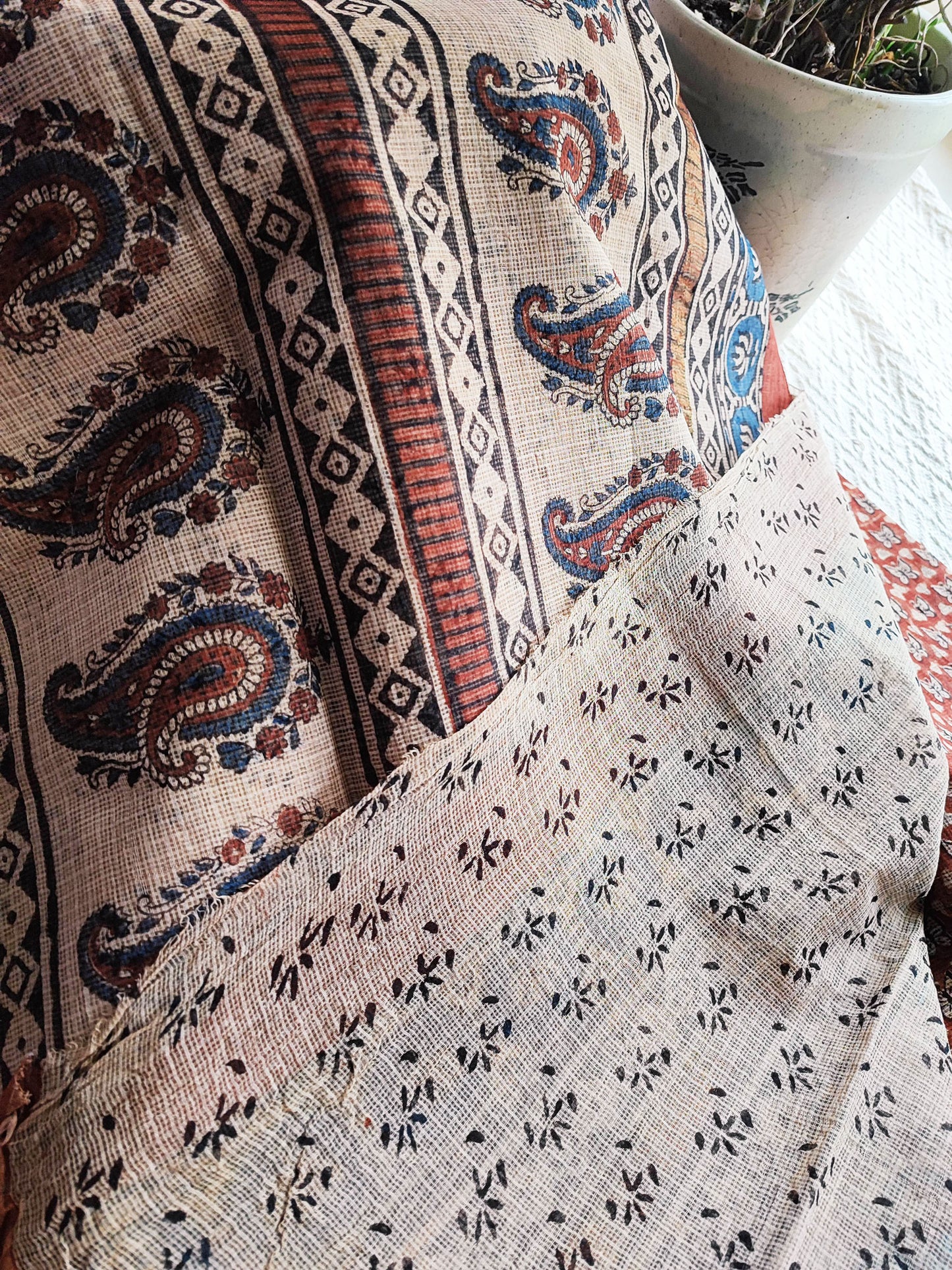 Brick Red & Off White Premium Kota Doria Handblock Printed Saree