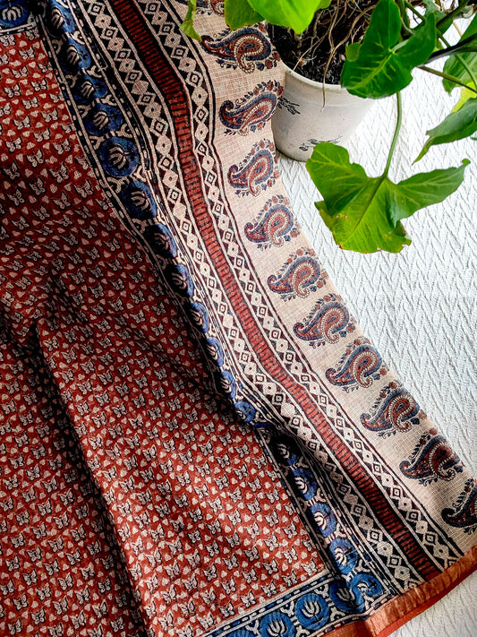 Brick Red & Off White Premium Kota Doria Handblock Printed Saree
