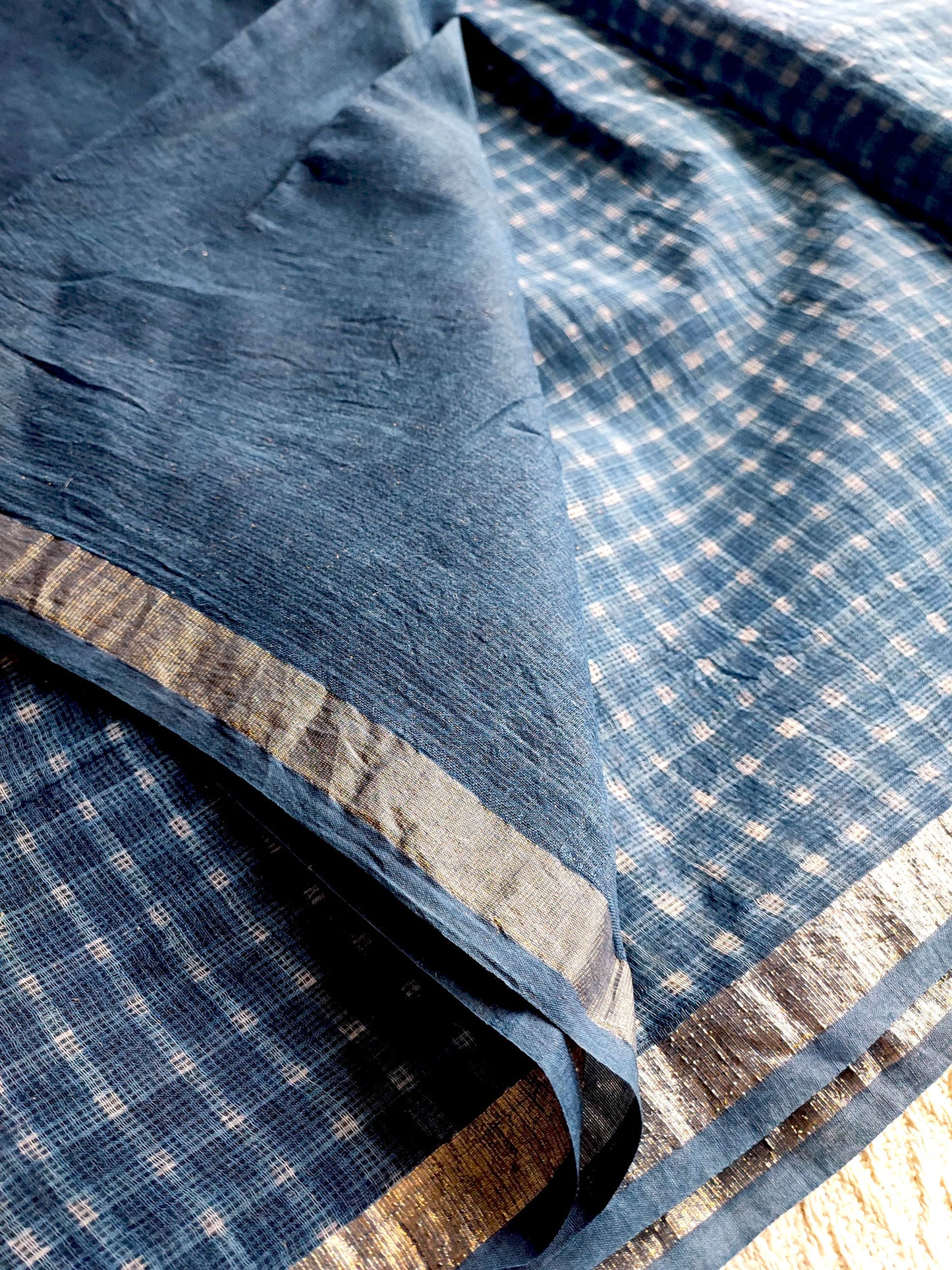 Blue Premium Kota Doria Handblock Printed Saree