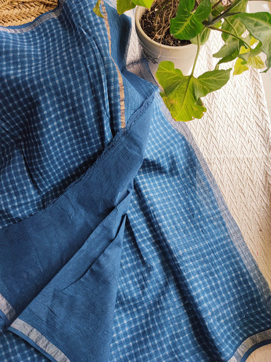 Blue Premium Kota Doria Handblock Printed Saree