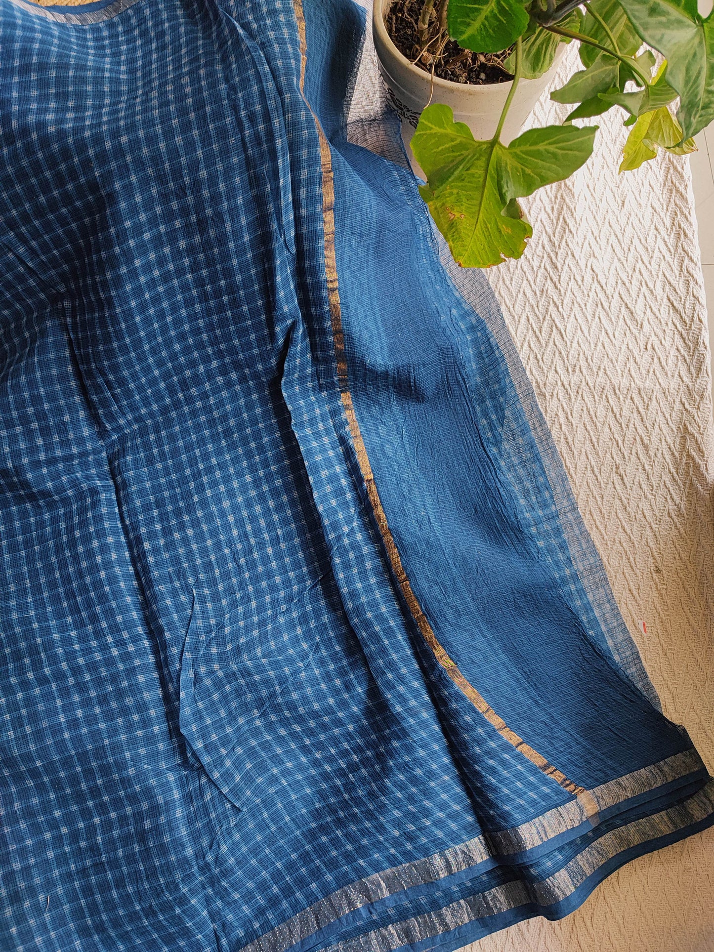 Blue Premium Kota Doria Handblock Printed Saree
