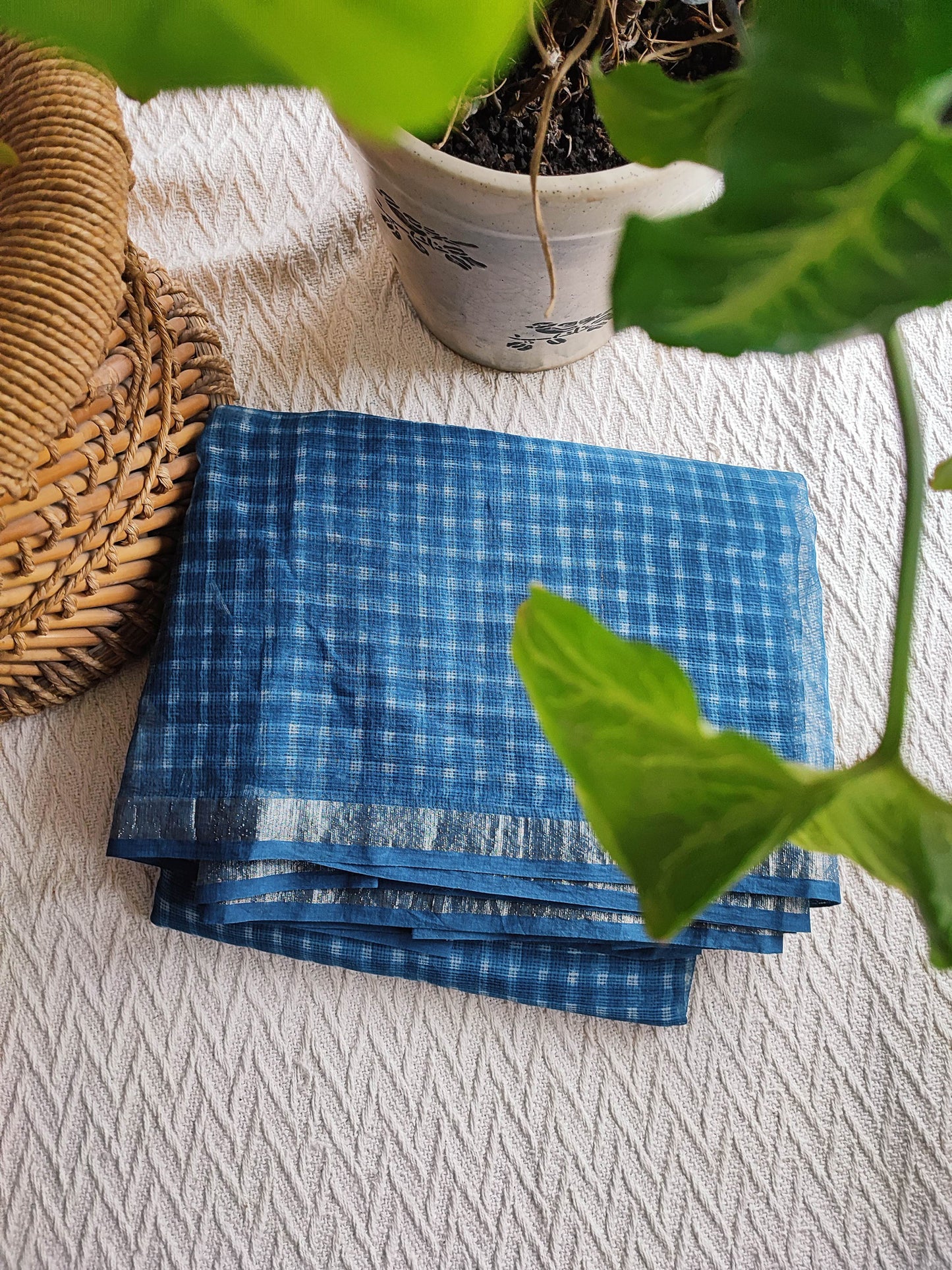 Blue Premium Kota Doria Handblock Printed Saree