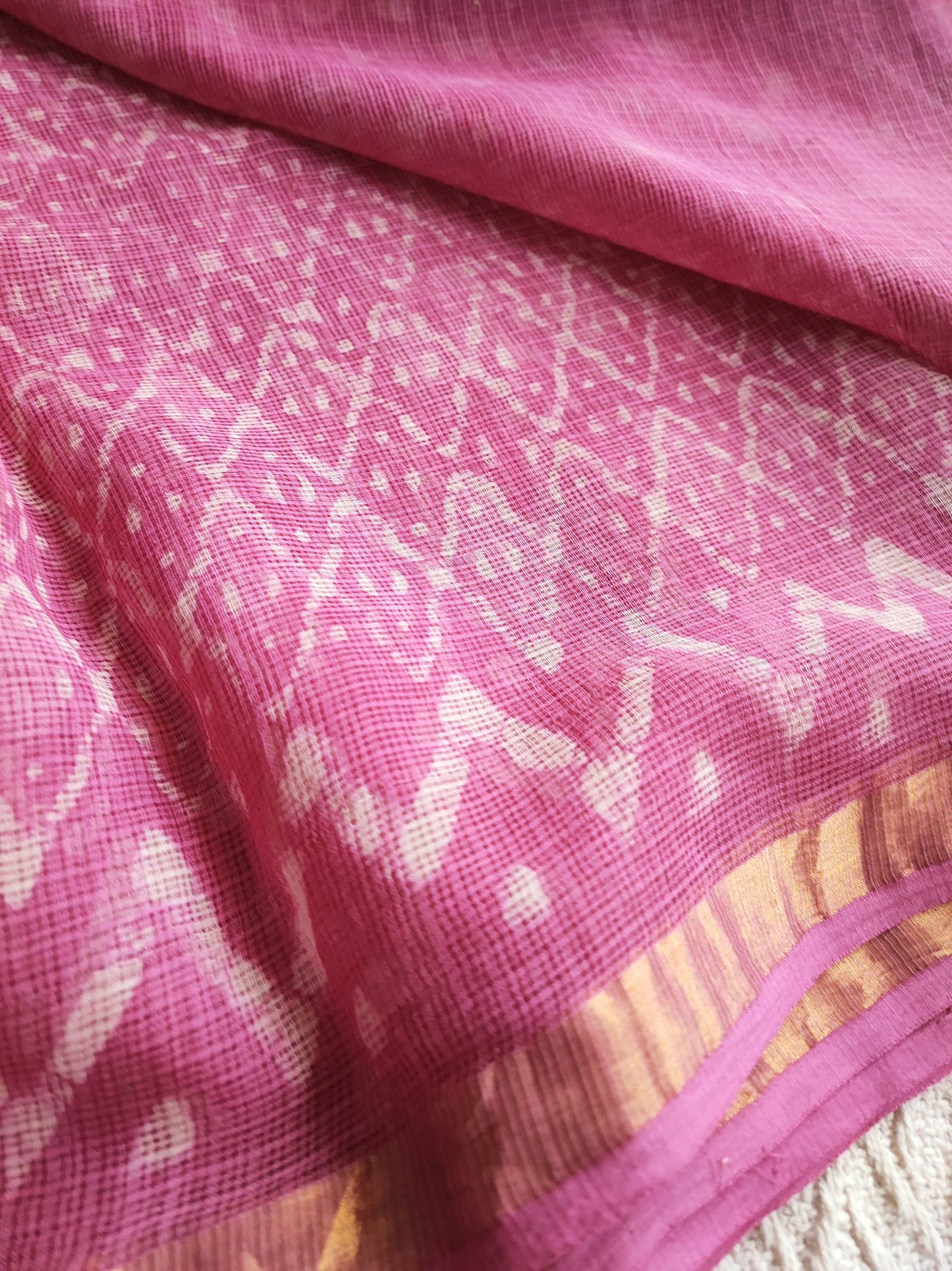 Pink Premium Kota Doria Handblock Printed Saree