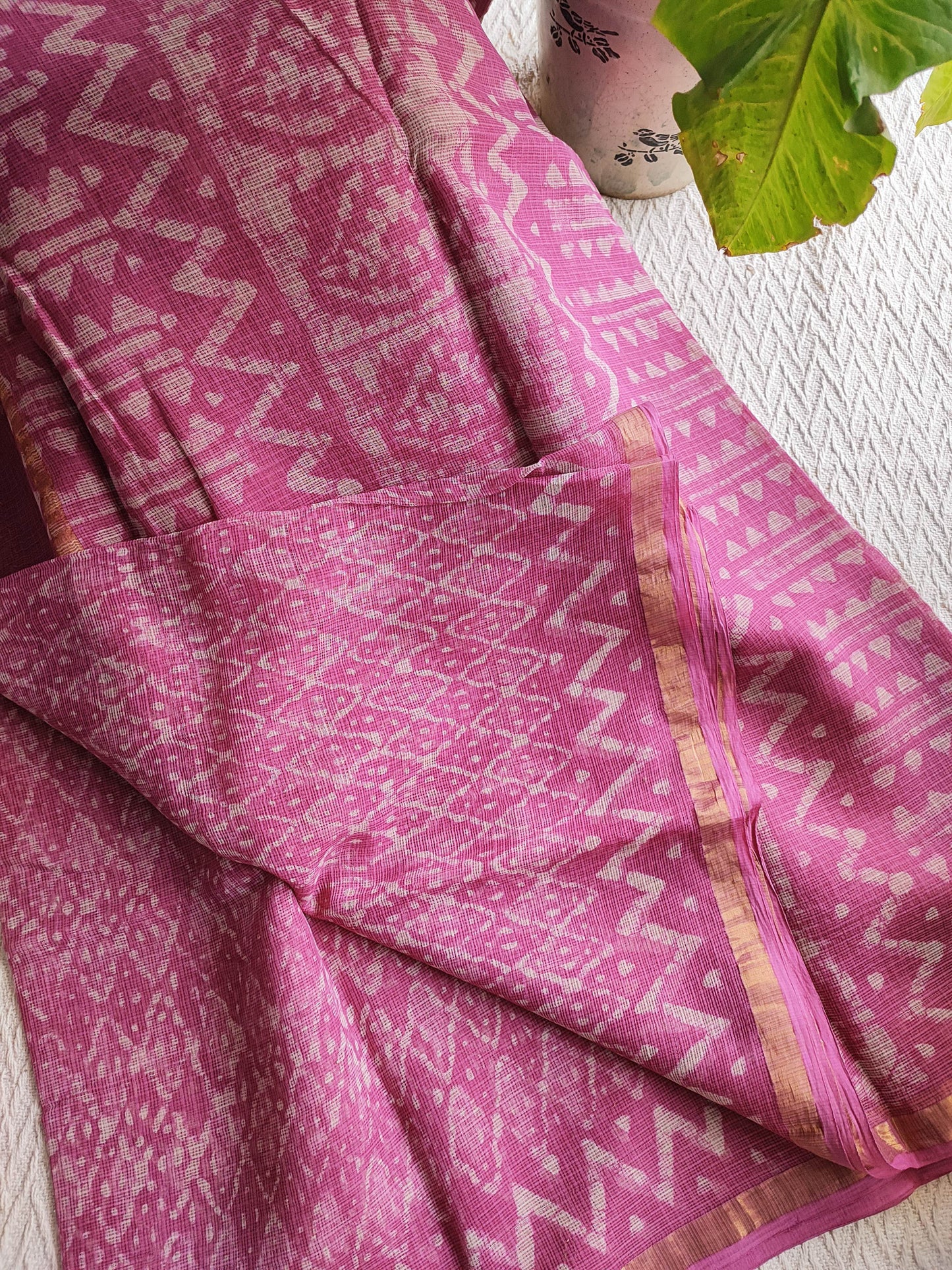 Pink Premium Kota Doria Handblock Printed Saree