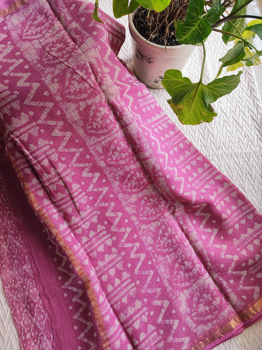 Pink Premium Kota Doria Handblock Printed Saree