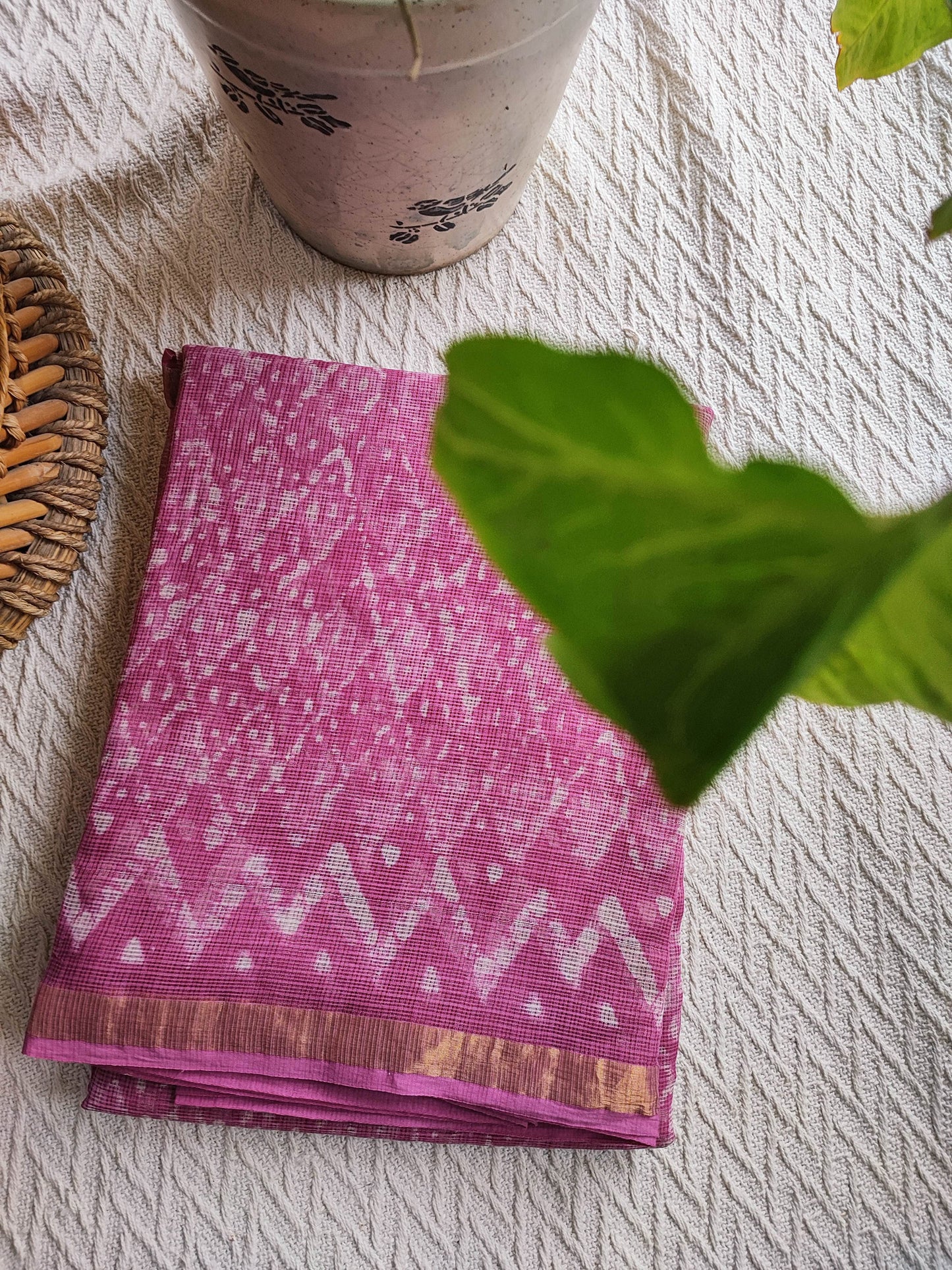 Pink Premium Kota Doria Handblock Printed Saree