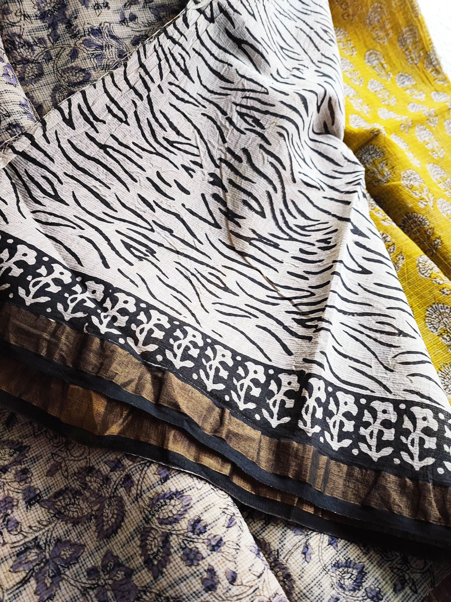Yellow & Black Premium Kota Doria Handblock Printed Saree