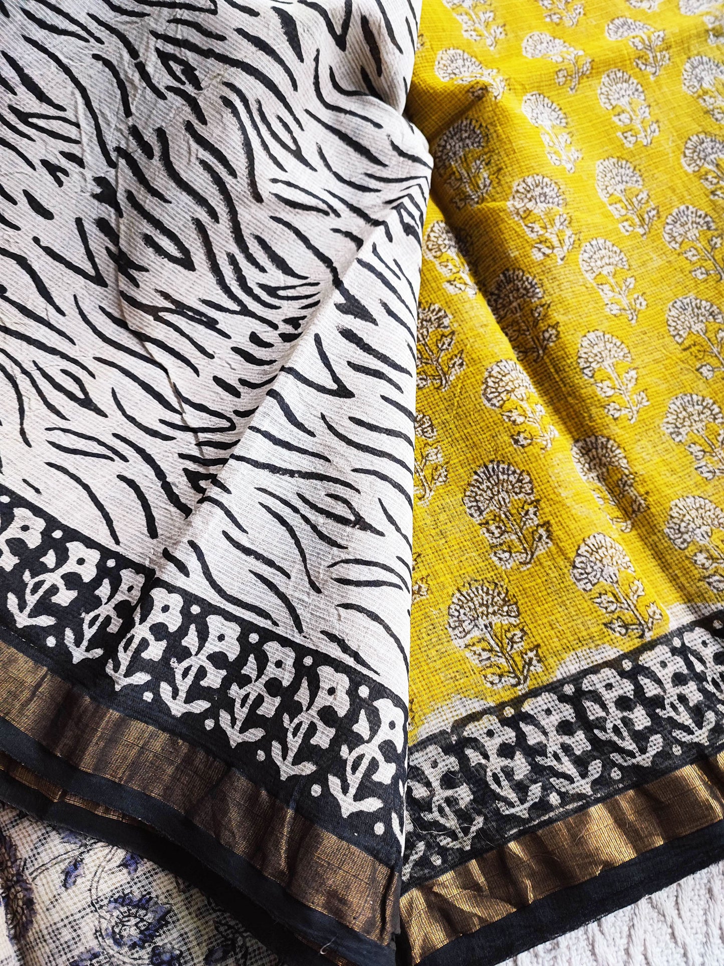 Yellow & Black Premium Kota Doria Handblock Printed Saree