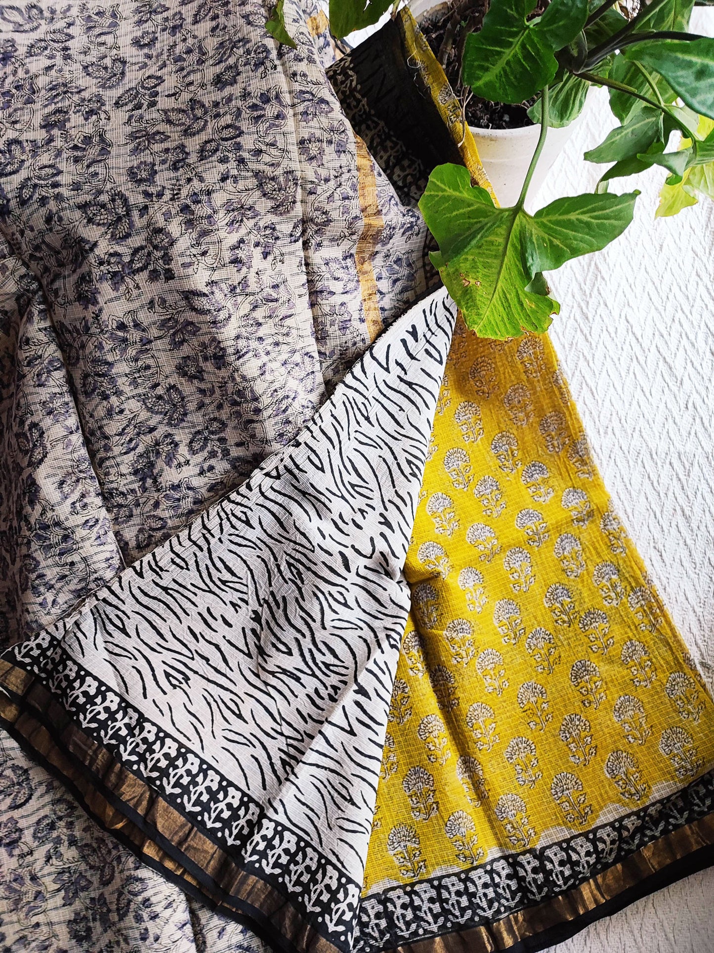 Yellow & Black Premium Kota Doria Handblock Printed Saree