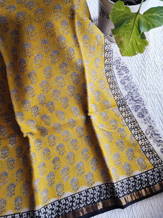 Yellow & Black Premium Kota Doria Handblock Printed Saree