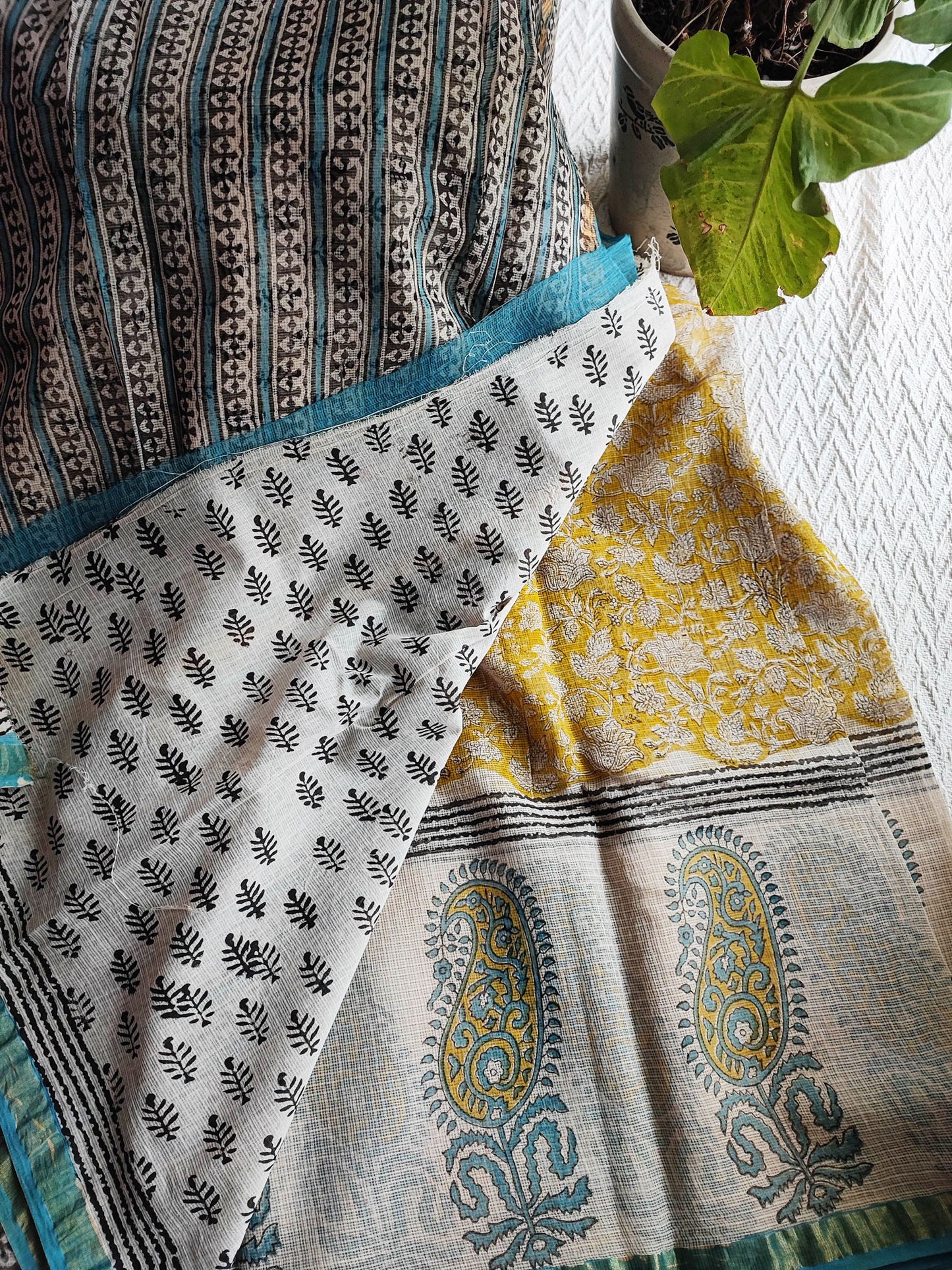 Yellow & White Premium Kota Doria Handblock Printed Saree
