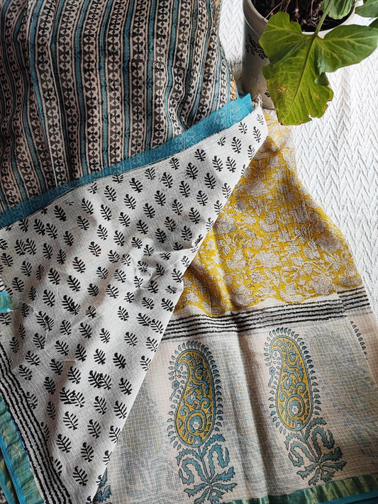 Yellow & White Premium Kota Doria Handblock Printed Saree
