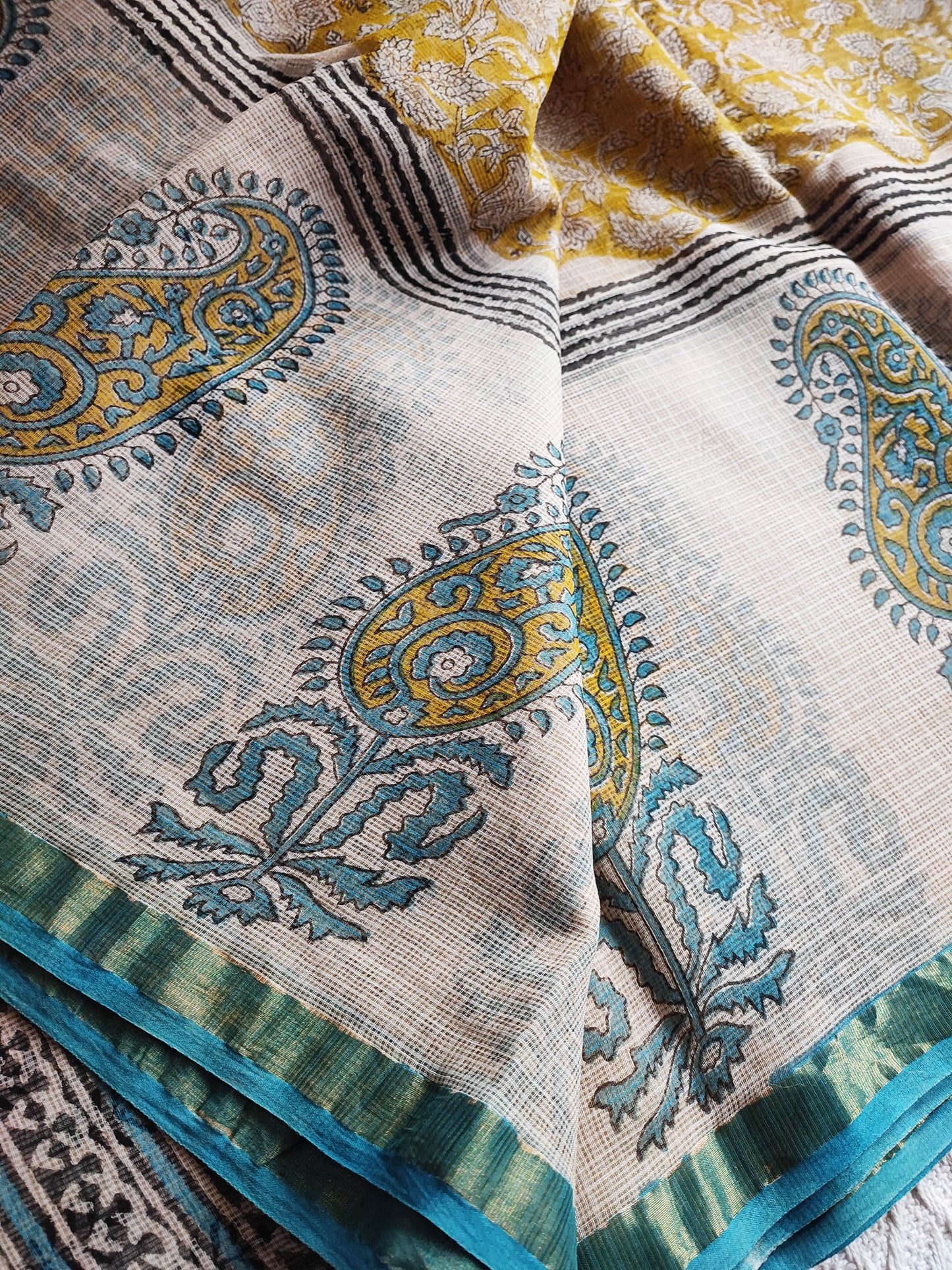 Yellow & White Premium Kota Doria Handblock Printed Saree