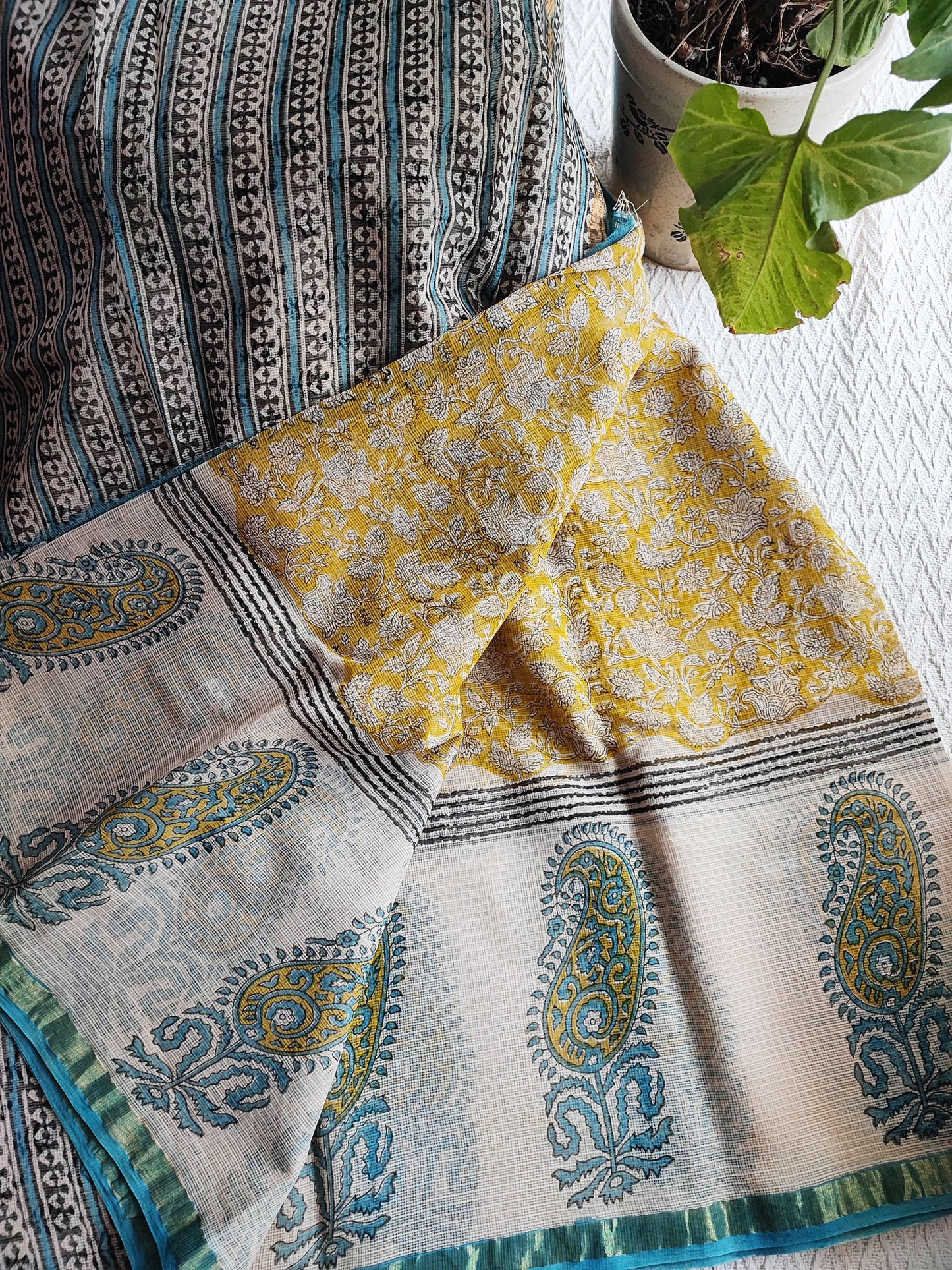 Yellow & White Premium Kota Doria Handblock Printed Saree