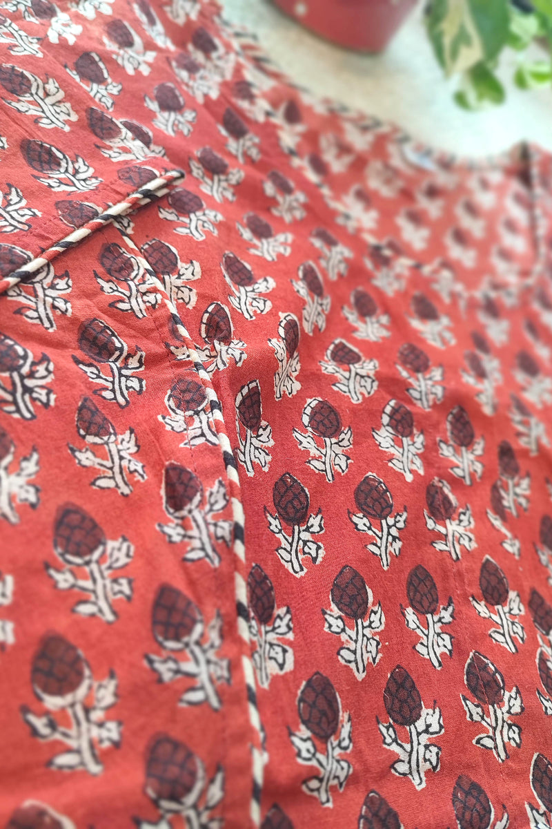 Rust Red Handblock Cotton Blouse with Floral Print & Chevron Piping With Sleeves