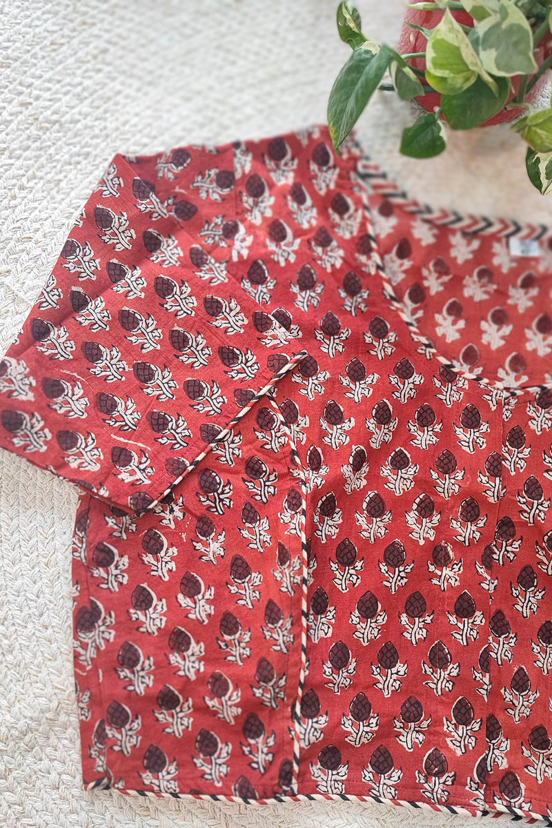 Rust Red Handblock Cotton Blouse with Floral Print & Chevron Piping With Sleeves