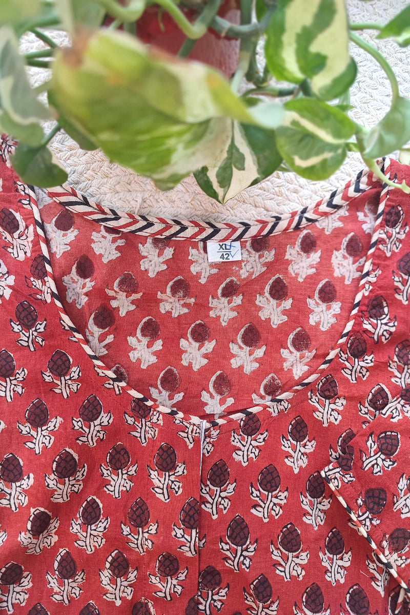 Rust Red Handblock Cotton Blouse with Floral Print & Chevron Piping With Sleeves