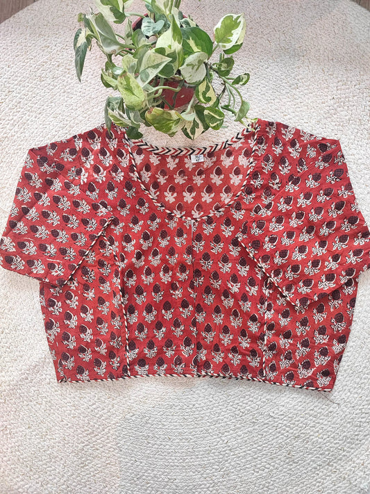 Rust Red Handblock Cotton Blouse with Floral Print & Chevron Piping With Sleeves