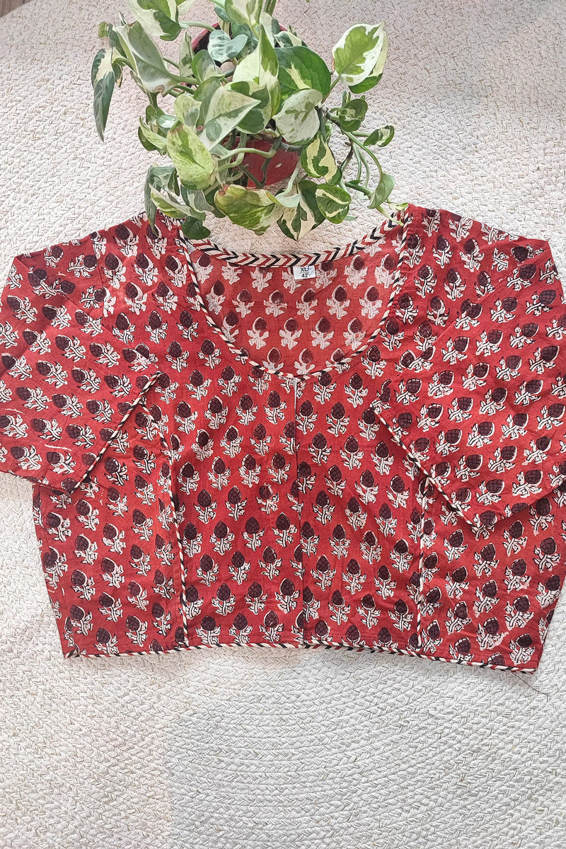 Rust Red Handblock Cotton Blouse with Floral Print & Chevron Piping With Sleeves