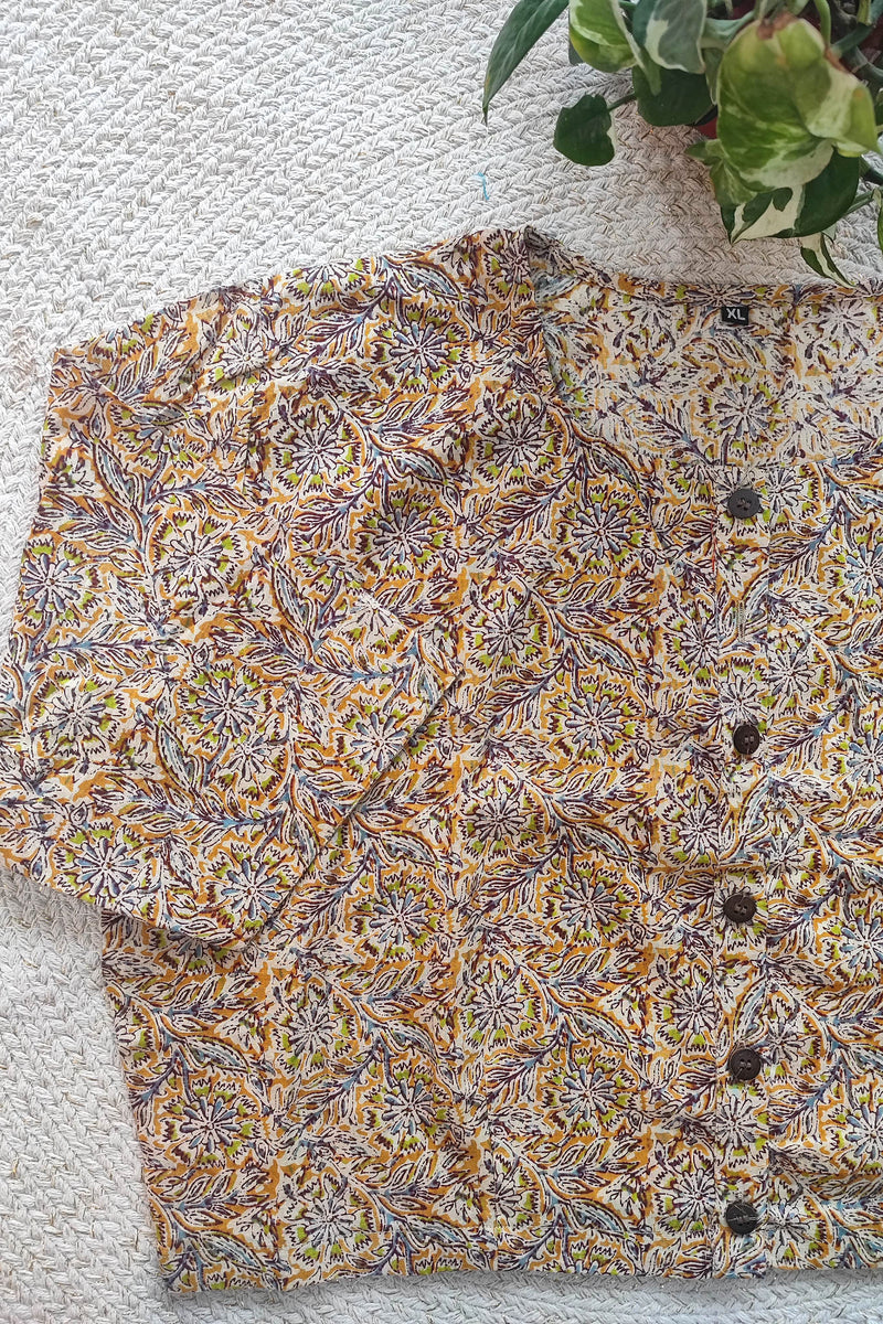 Ajrakh-Inspired Multicolor Cotton Blouse with Sleeves and Floral Handblock Print