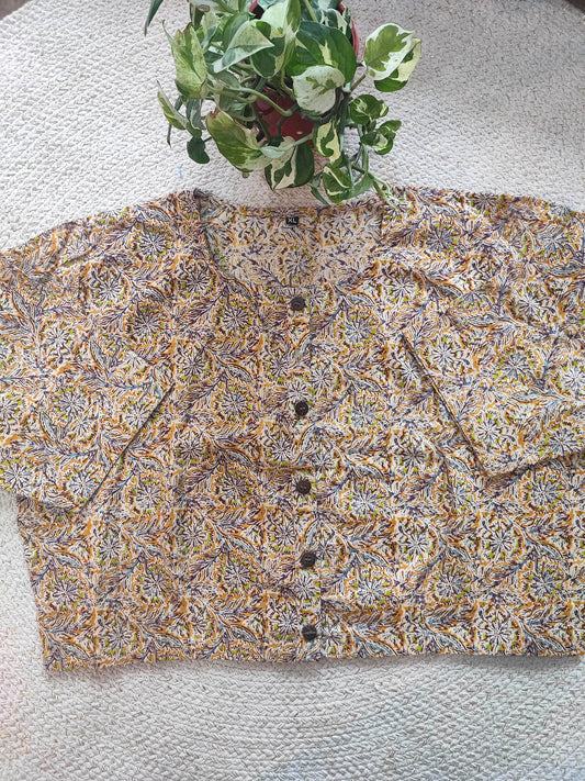 Ajrakh-Inspired Multicolor Cotton Blouse with Sleeves and Floral Handblock Print
