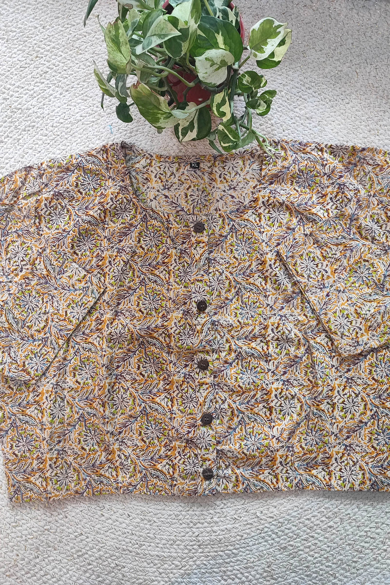 Ajrakh-Inspired Multicolor Cotton Blouse with Sleeves and Floral Handblock Print