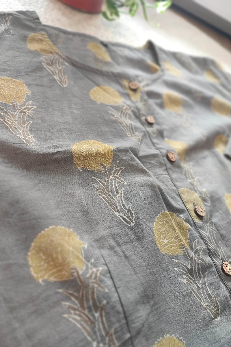 Charcoal Grey Cotton Blouse with Golden Floral Handblock Print with Sleeves