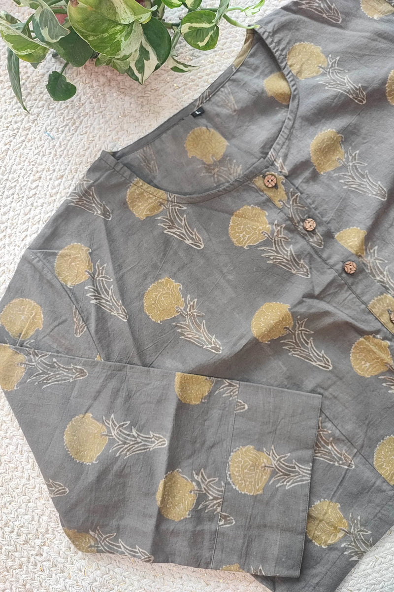 Charcoal Grey Cotton Blouse with Golden Floral Handblock Print with Sleeves