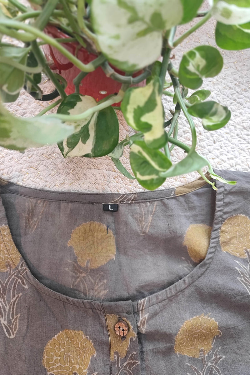 Charcoal Grey Cotton Blouse with Golden Floral Handblock Print with Sleeves