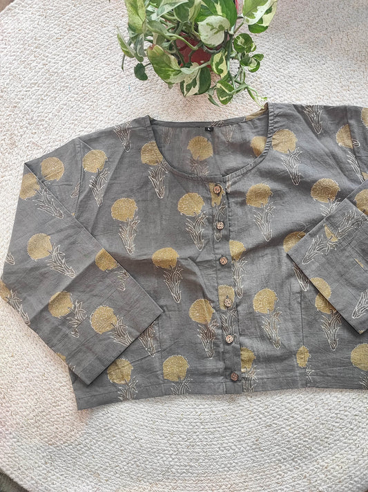 Charcoal Grey Cotton Blouse with Golden Floral Handblock Print with Sleeves