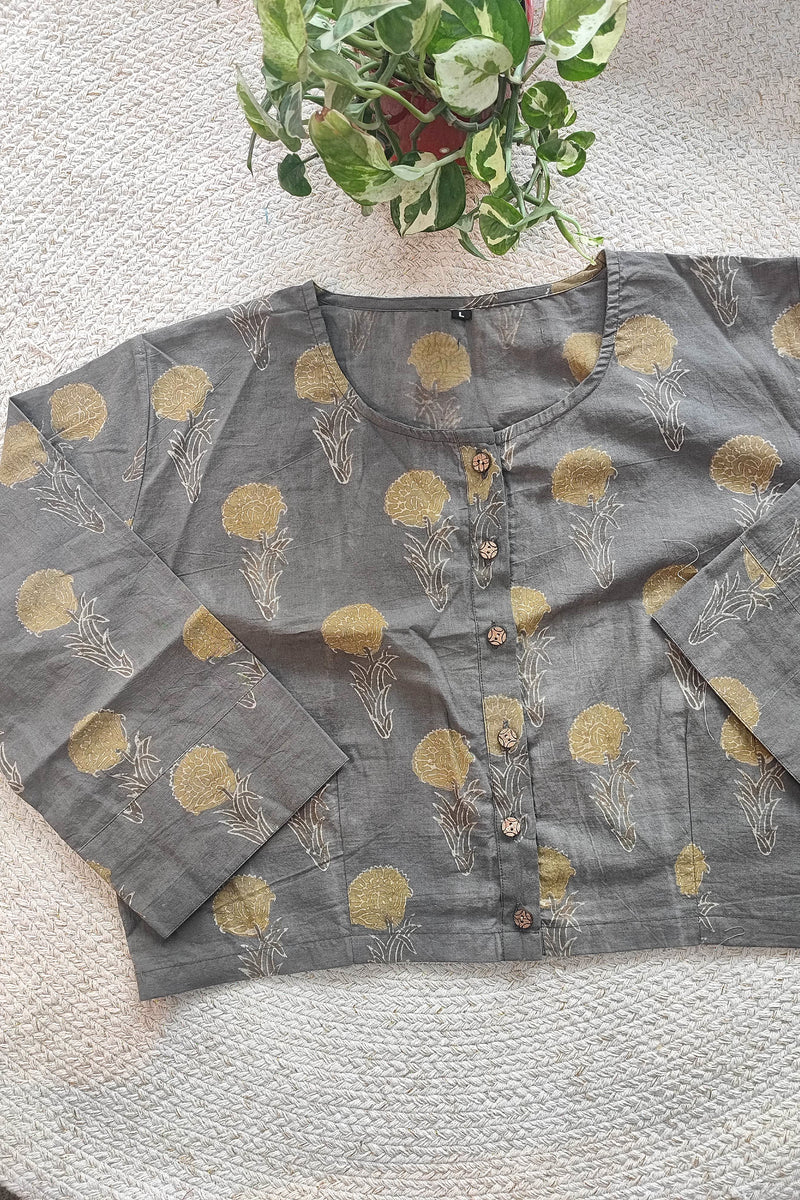 Charcoal Grey Cotton Blouse with Golden Floral Handblock Print with Sleeves