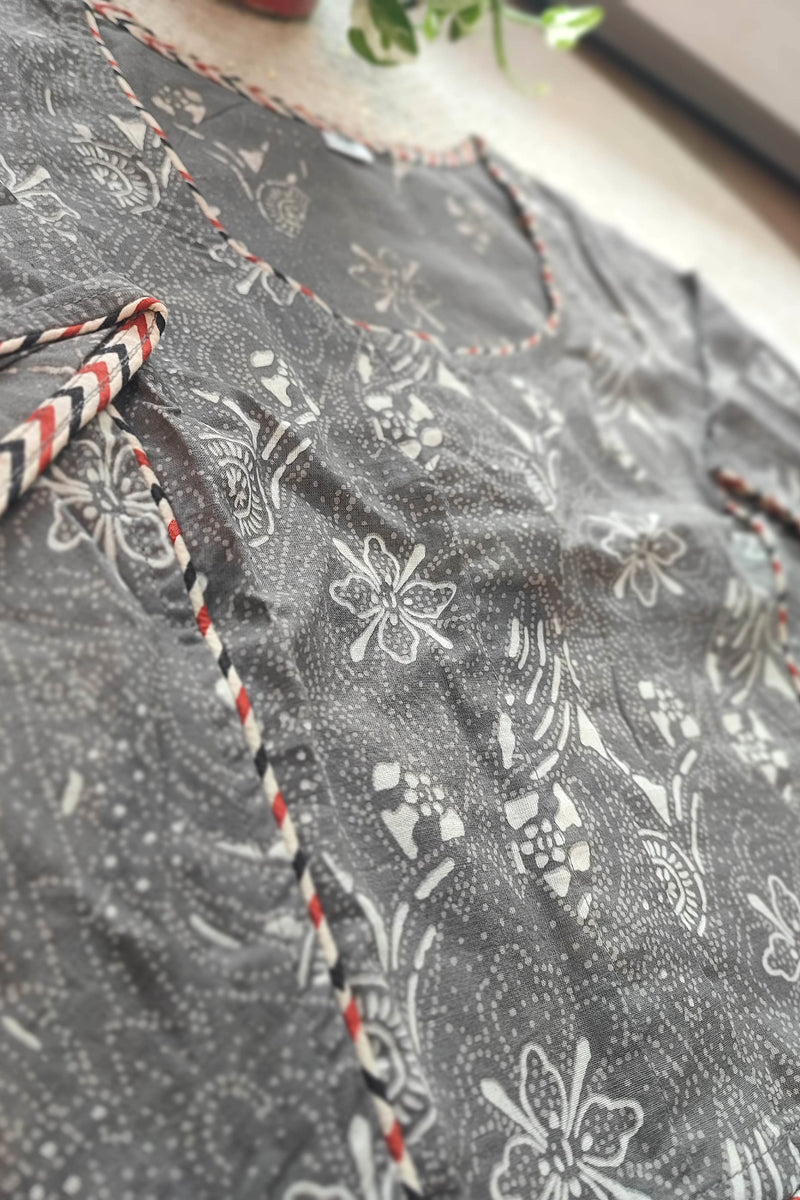 Grey Handblock Cotton Blouse with Sleeves Floral Print & Chevron Piping
