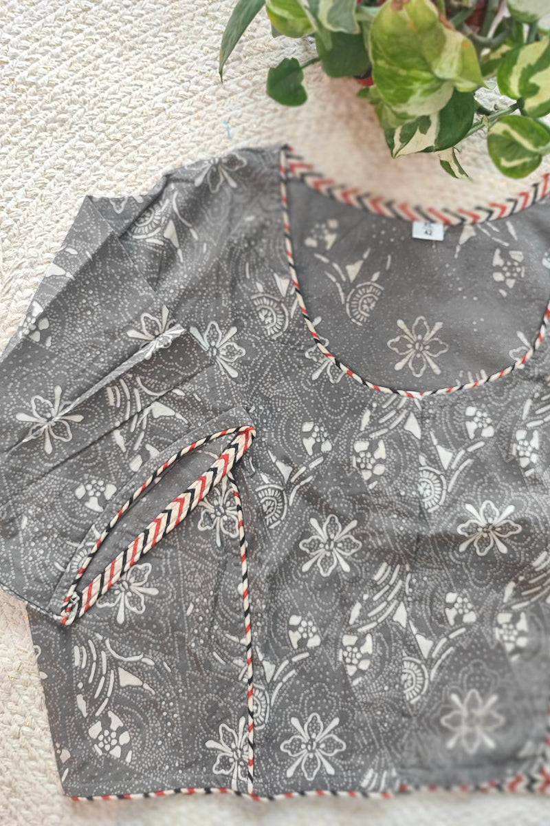 Grey Handblock Cotton Blouse with Sleeves Floral Print & Chevron Piping